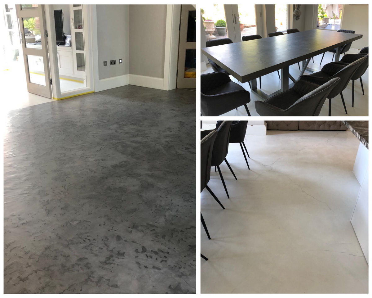 Three views of grey and white microcement floors in a kitchen and dining area