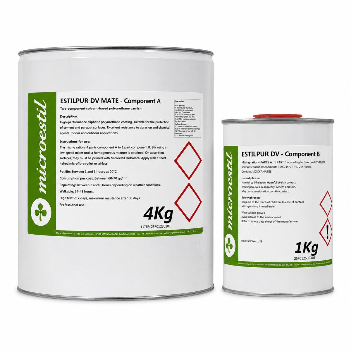 Estilpur DV two-part polyurethane varnish, 4 kg and 1 kg cans, by Microestil