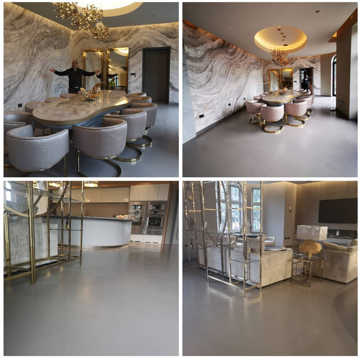 Four views of a home with marble-effect walls and seamless grey microcement floors